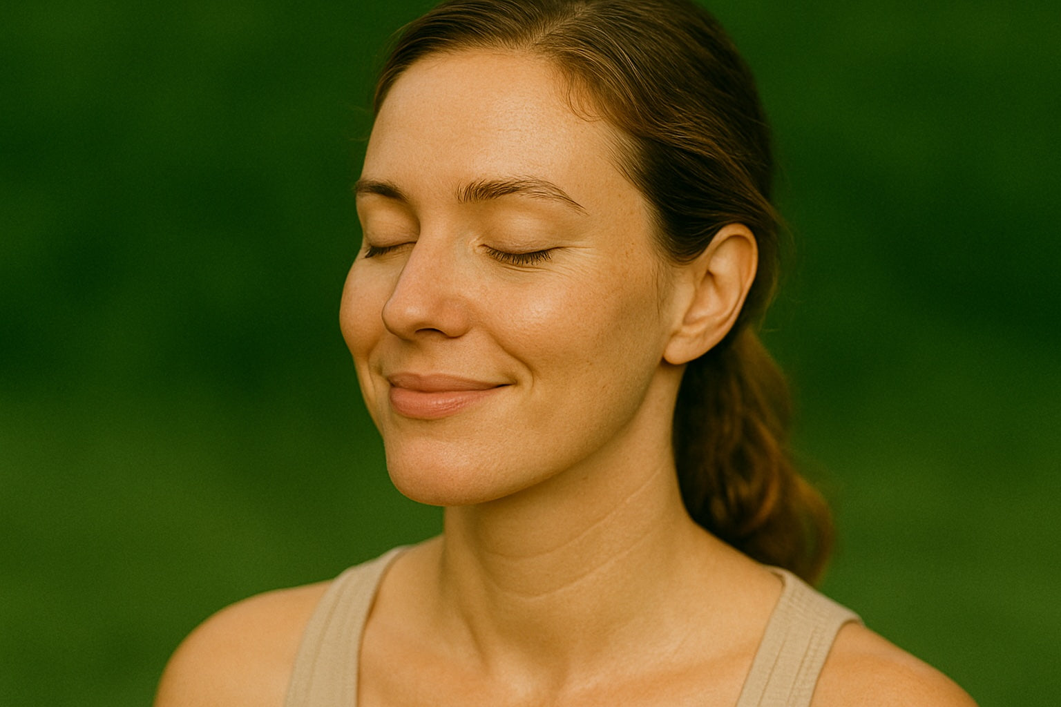 Woman in her 30s with soft, hydrated skin after restoring moisture using plant-based skincare for dry skin