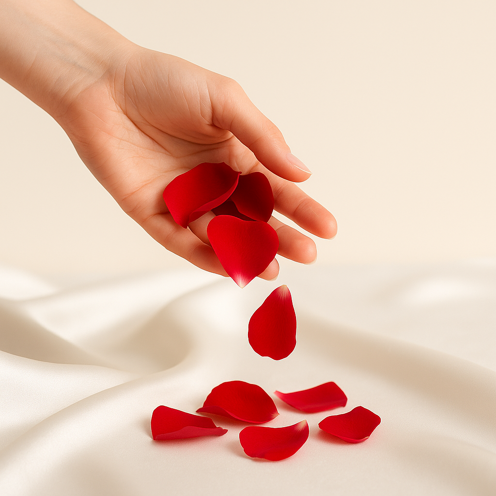 Hand releasing red rose petals onto a beige fabric surface