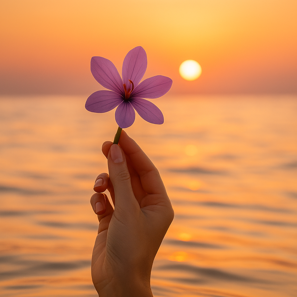 Hand holding a purple flower above water at sunset