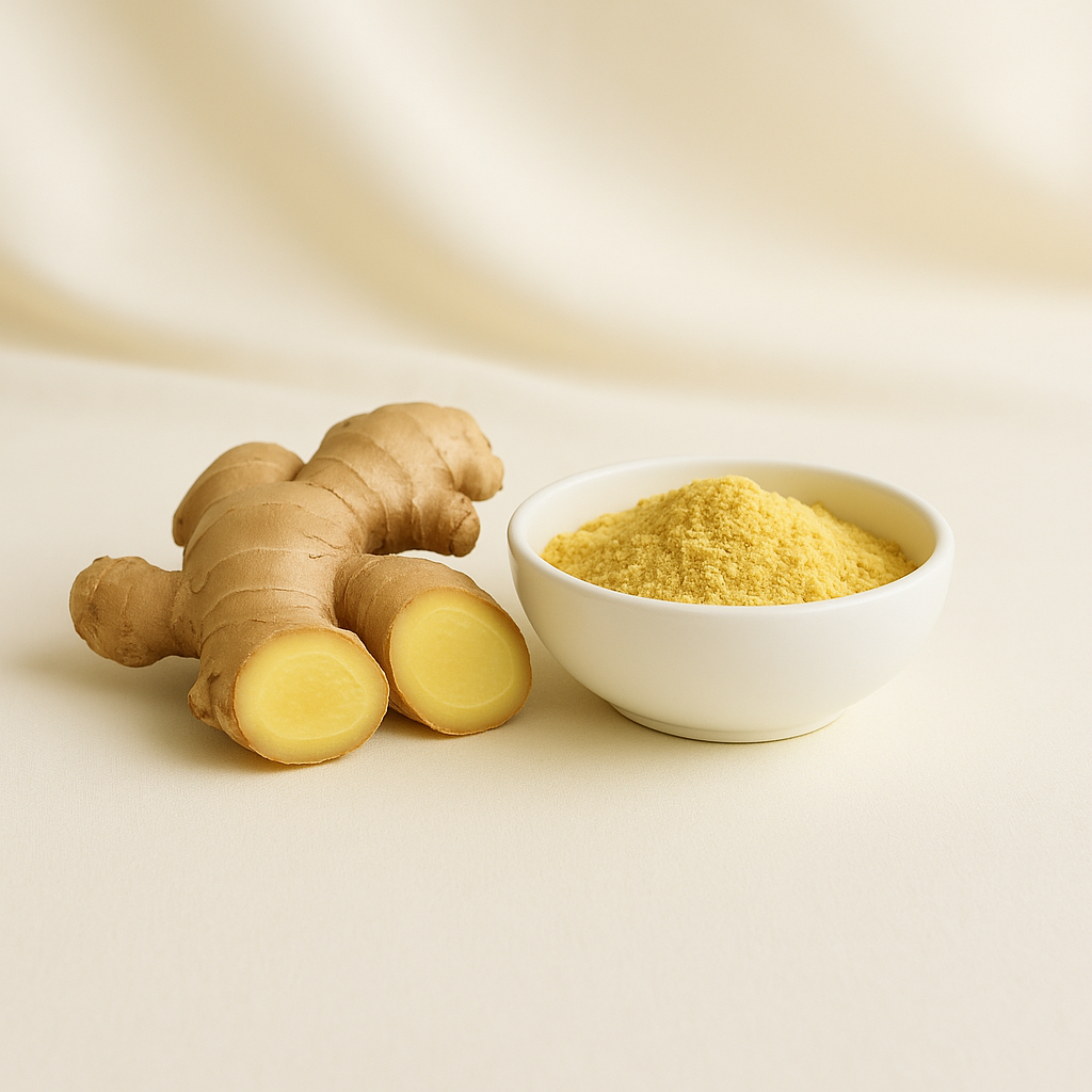 Fresh ginger root next to a bowl of ginger powder on a beige background