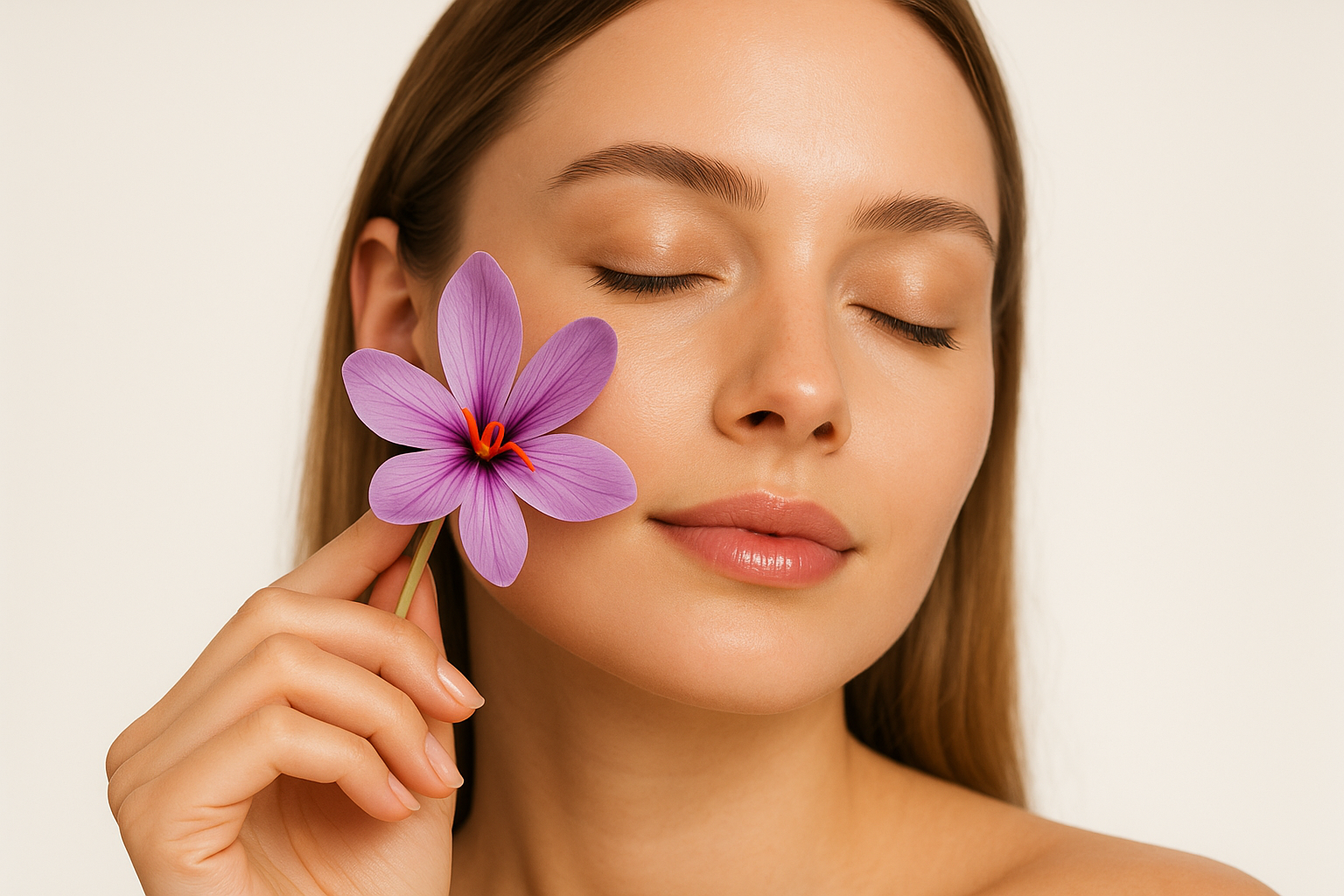 Woman holding a purple flower near her face against a beige background