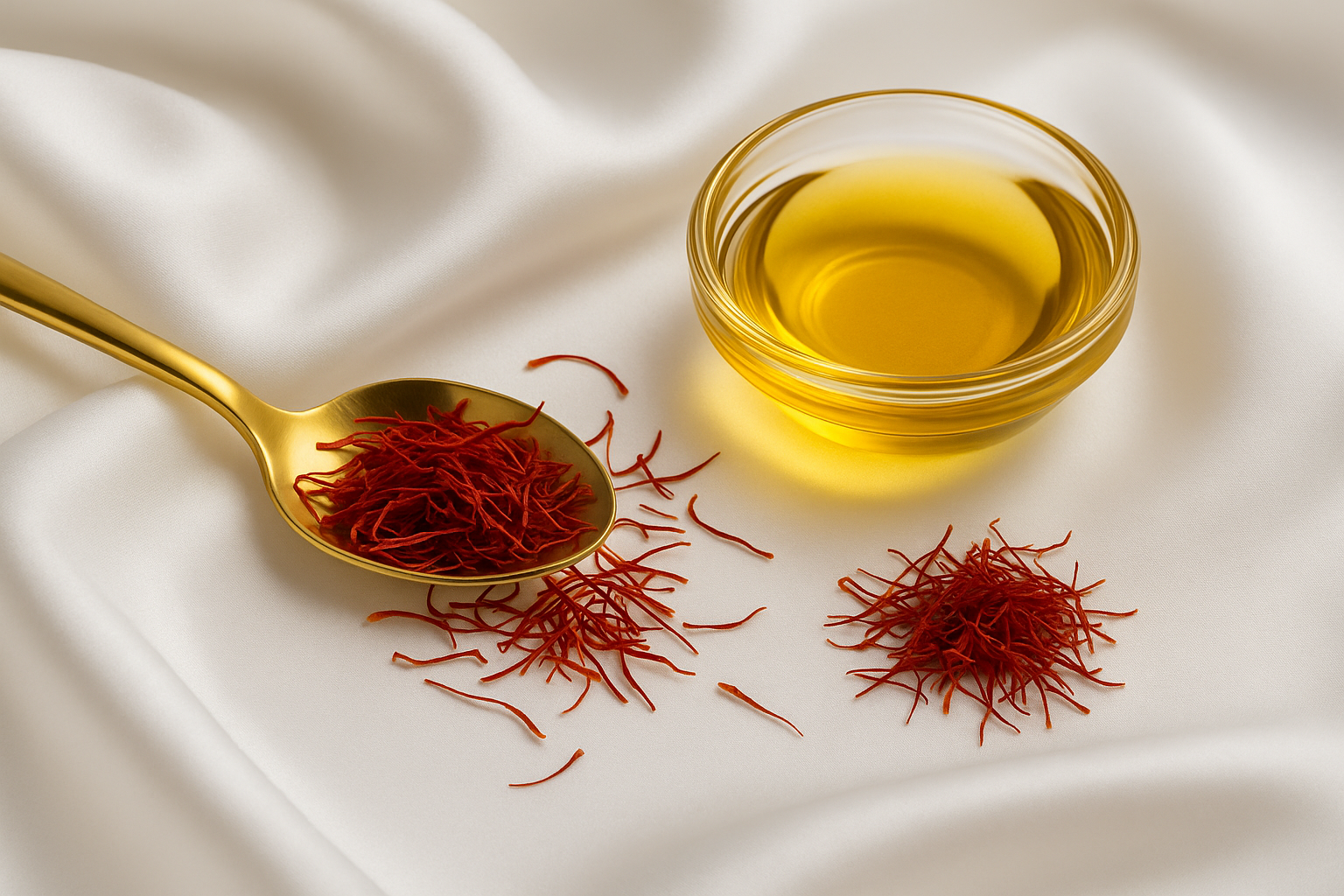 Saffron threads on a spoon and in a bowl on a white fabric background