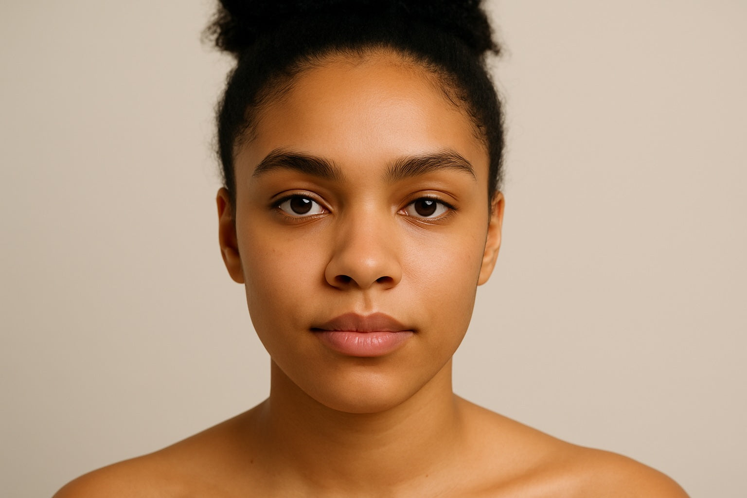 Young woman with clear glowing skin after treating breakouts with botanical acne solutions from Oahu Organics