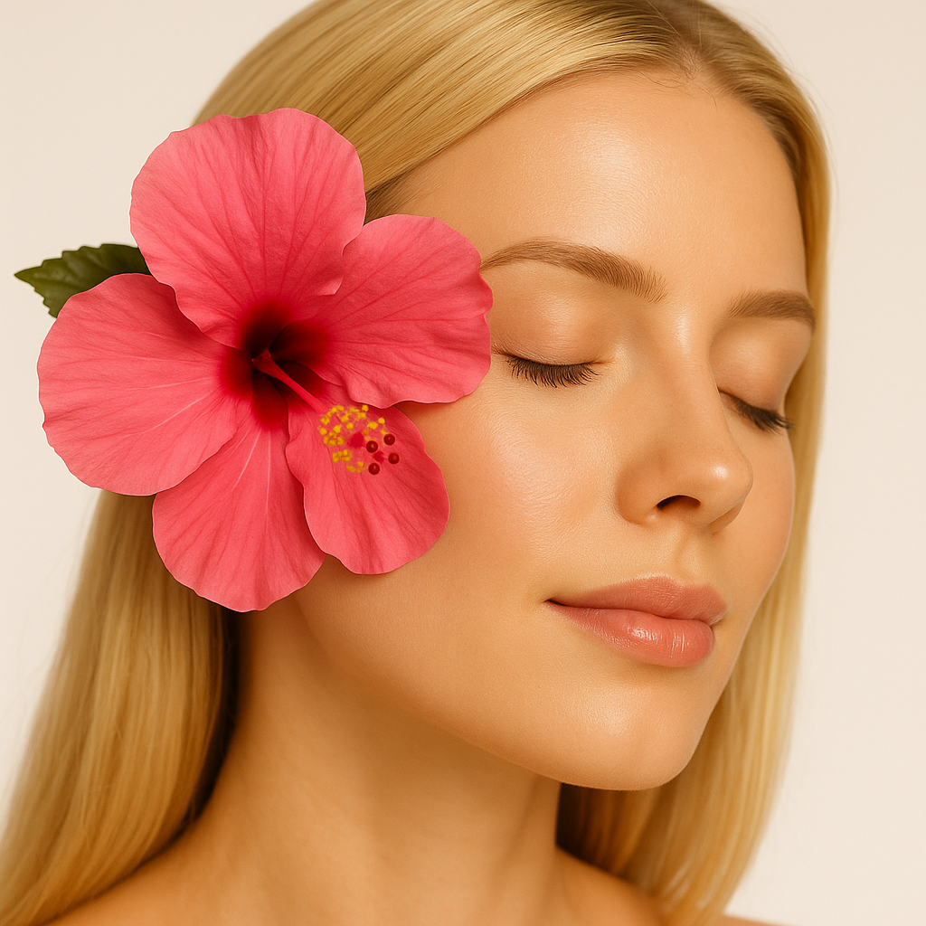 Woman with a pink flower in her hair against a beige background