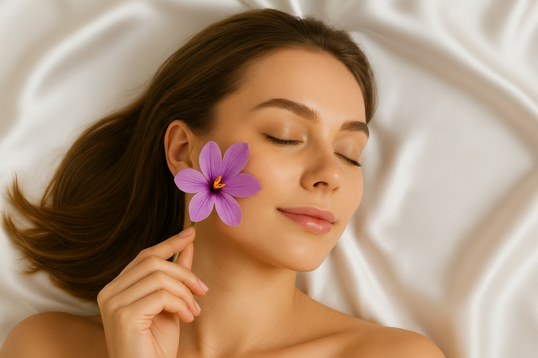 Woman holding a purple flower  on a white background