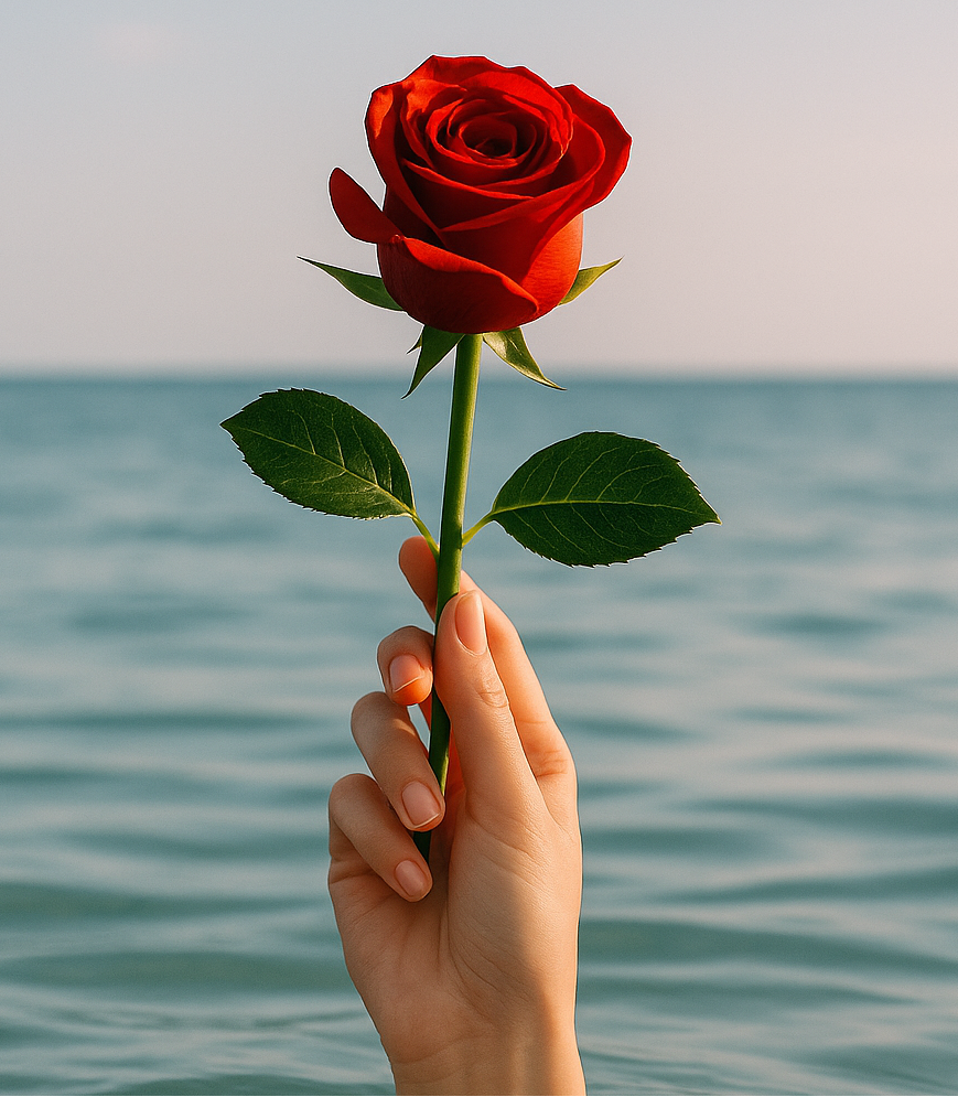 Hand holding a red rose with a blurred ocean background