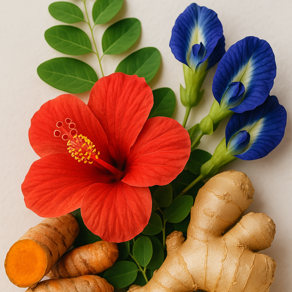 Red flower, turmeric root, ginger root, and blue flowers on a light background