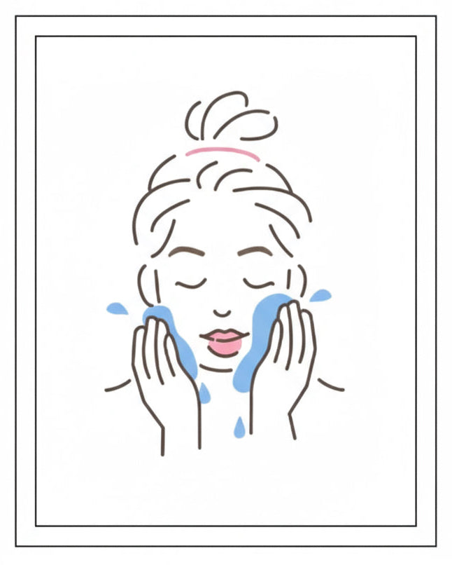 Illustration of a woman washing her face with blue soap bubbles on a white background
