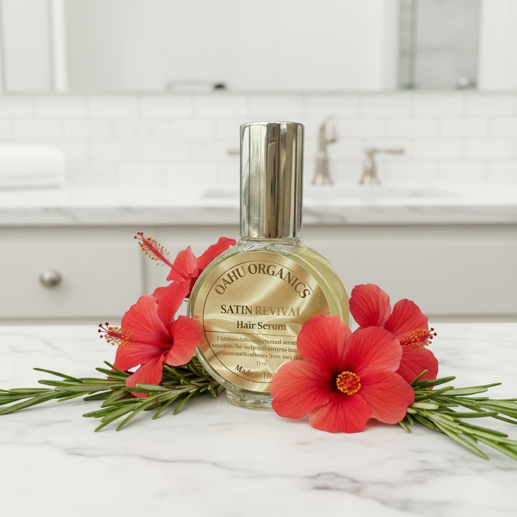 Oahu Organics Satin Revival Hair Serum bottle with red flowers on a white fabric background