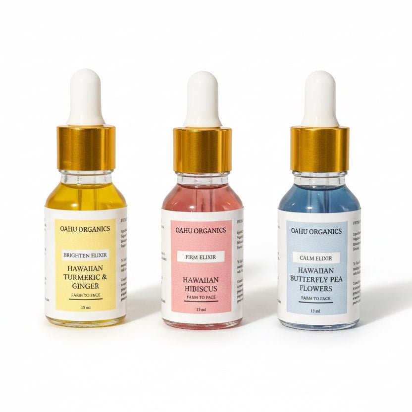 Hydrating Plant Based Elixirs - OahuOrganics yellow, pink and blue bottles