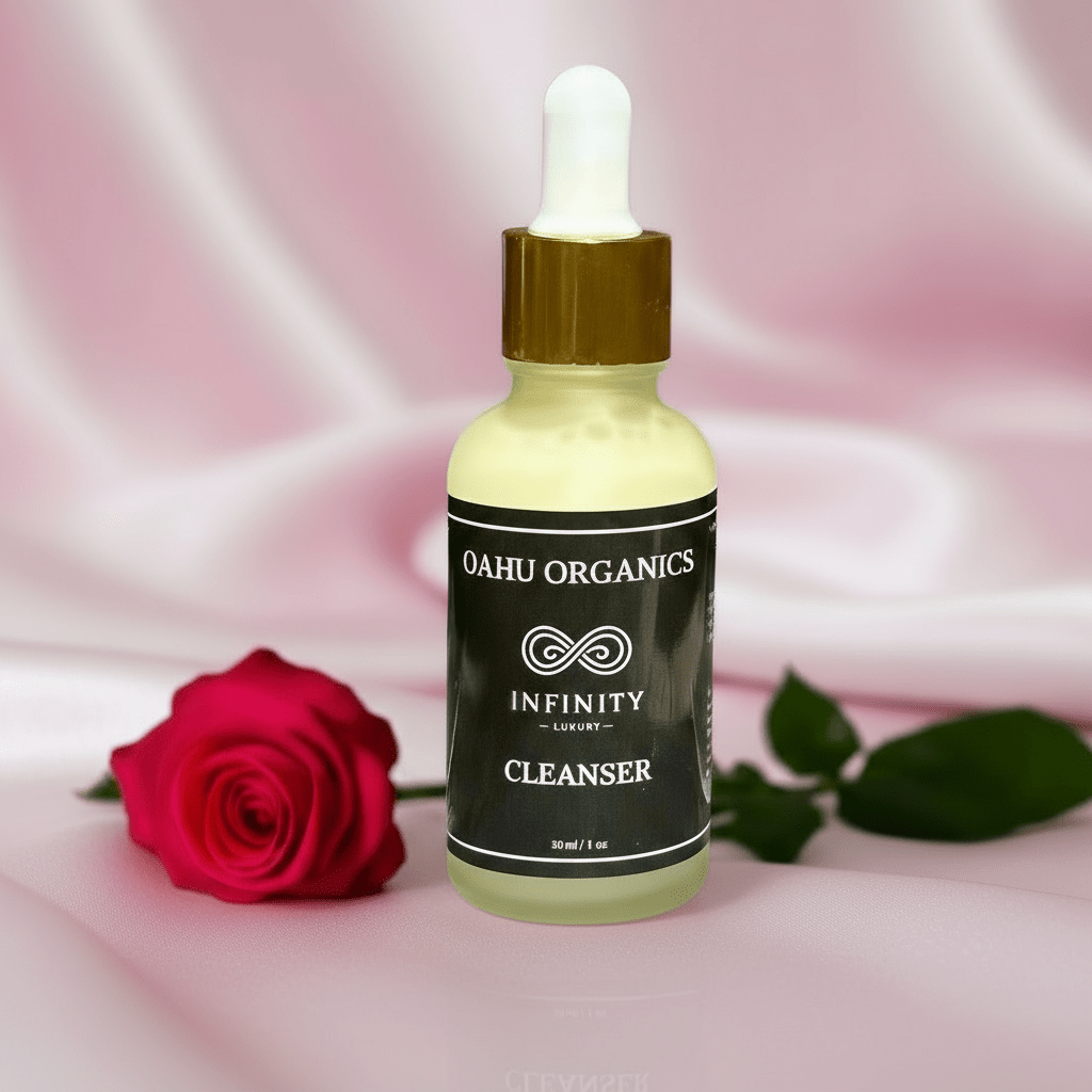 INFINITY Daily Foaming Cleanser - OahuOrganics. pink silk table, red rose. 