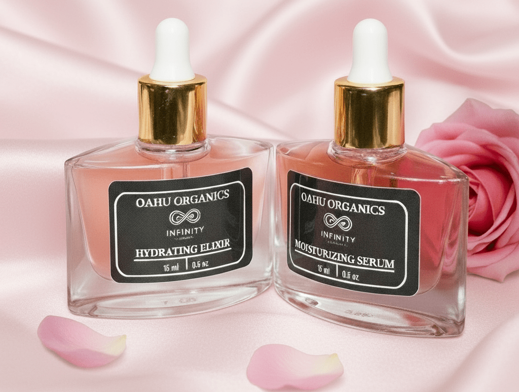 Two Oahu Organics skincare products on a pink satin background with a rose.