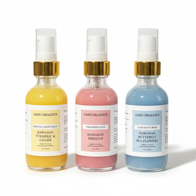 Plant Based Moisturizers - OahuOrganics pink yellow and blue bottles on white background